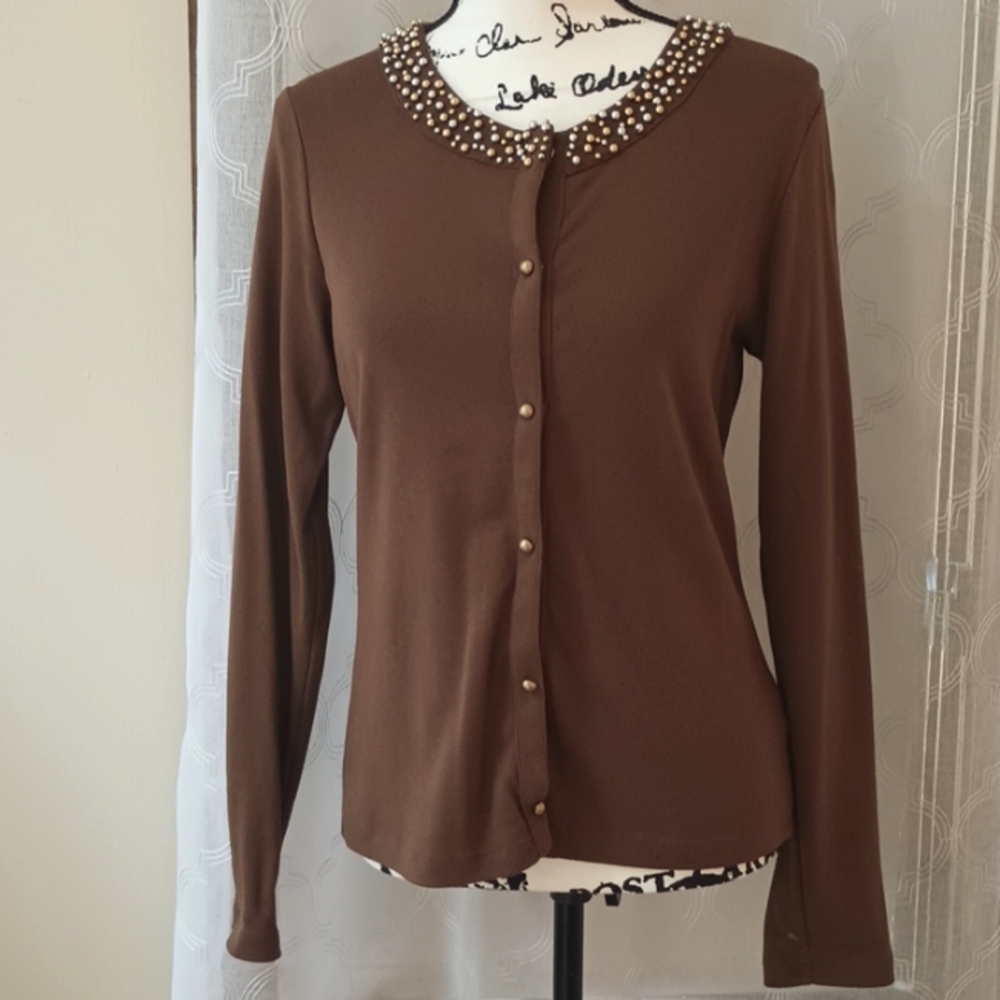 Rafaella Brown Cotton Long Sleeve Top With Silver & Gold Beading Around Neck